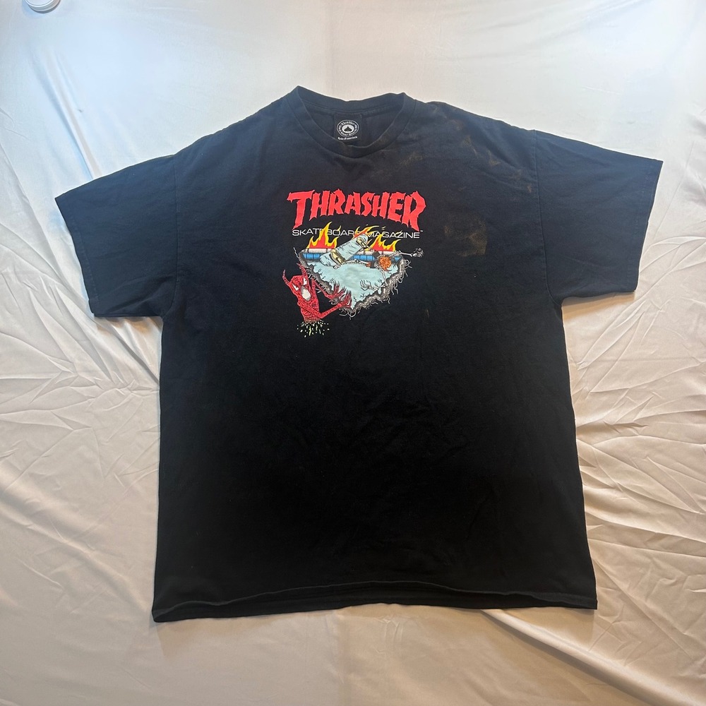 Thrasher Skateboard Magazine Graphic T-Shirt Black XL Distressed Skate Tee